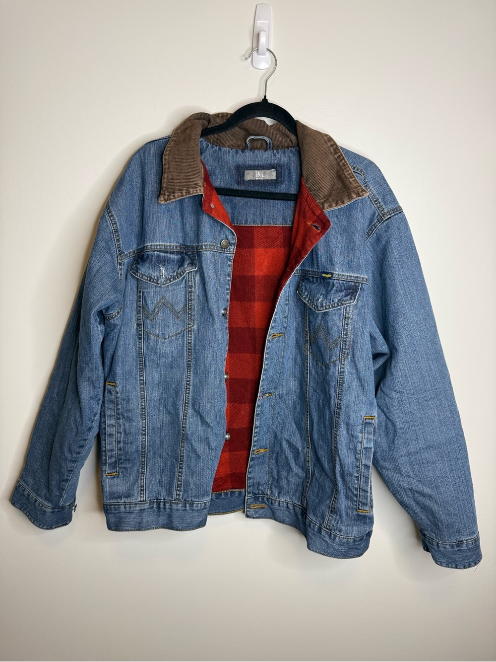 Wrangler Blue Denim Jacket with Brown Corduroy Collar and Red Plaid Lining large